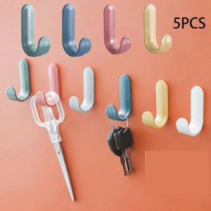 5pcs J Shape Seamless Wall Hanging Storage Hooks Nail-Free Space Saving Door Hook Self Adhesive Candy Color Rack Hanger