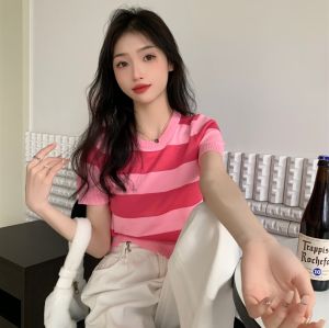 AJWShop [RW HAH] Kaos Rajut Wanita Import Lengan Pendek | Atasan Rajut Import Wanita Lengan Pendek | Baju Rajut Wanita Lengan Pendek Import Garis Garis | Atasan Wanita Rajut Import Premium Turtleneck | Atasan Rajut Wanita Turtleneck Kerah Tinggi