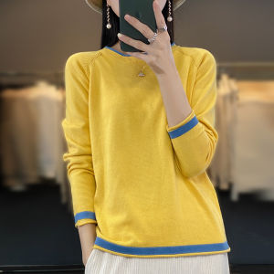 100% Cotton Knitwear Womens Round Neck Sweater Spring And Summer New Loose Color Matching Cotton And Linen Bottoming Shirt