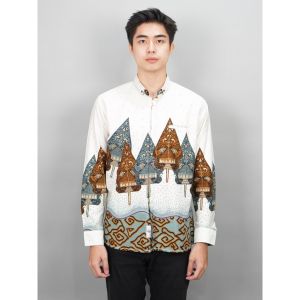 Swipe Up Kemeja Batik Pria Modern Lengan Panjang Wayang Laksmana White