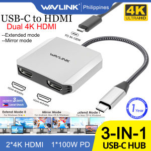 Wavlink 3-In-1 USB-C to Dual 4K HDMI Splitter Adapter Hdmi Extender for 2 Monitor Type-C Hub with 87W Power Delivery for MacBook Pro/Air Dell XPS HP Lenovo Asus Thunderbolt 3/4 Laptops(Stainless Steel Shell USB-C Durable Dynamic Rope)