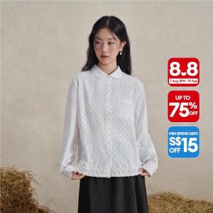 Giordano Women Polka dot doll collar ruffle hem shirt Free Shipping 18346727