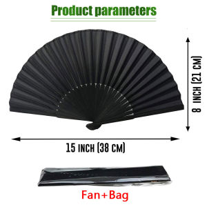 👍 【With Bag】Black Silk Folding Fan Chinese Style Hand Held Bamboo Fans Ribs Home Party Decoration Dance Props Desktop Ornament
