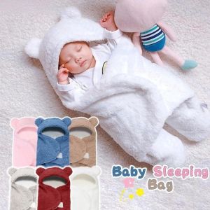 SI958 Thicken Newborn Swaddle Wrap Warm Imitation Berber Fleece Baby Blanket Comfortable Bear Ears Newborn Baby Sleeping Bag Head Neck Protector