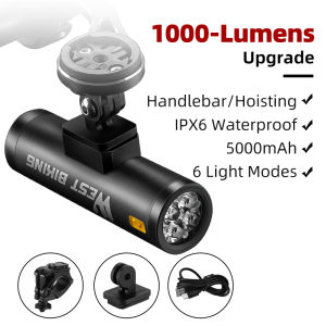 WEST BIKING 800/1000 Lumens Front Bicycle Light MTB Road Bike Handlebar/Hoisting Flashlight Lamp 2200/5000mAh Type-C Rechargeable Waterproof Cycling Headlight