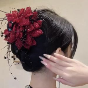 QIANHUAHOU ดอกโบตั๋น คลิปจับยึด พู่ห้อยคอ พลาสติกทำจากพลาสติก จับผมดอกไม้ สง่างามเรียบหรู ชุดปักเลื่อม คลิปปลาฉลาม สำหรับผู้หญิง