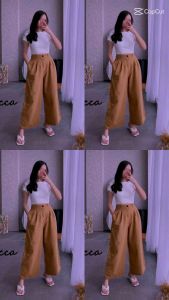 Celana kulot Linen/ Rami Highwais Pinggang Karet Wide Leg Cullote
