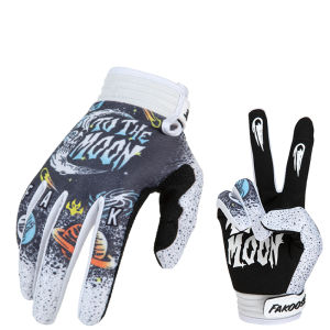 Space-themed gloves with "To the Moon" design. Black and white color options. Adjustable wrist straps. Touch screen compatible. Suitable for cycling or motorcycling. Displayed on a flat surface.