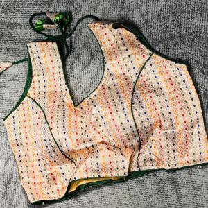 Womens Cotton Silk Blouse With Zari Embroidery and Color Dot Work | V Neck Blouse For Women | Size - 36 | (Short sleeves attached inside)