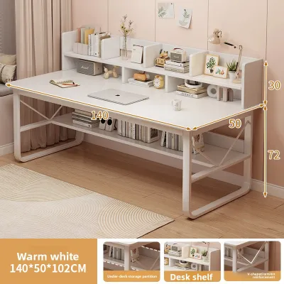 Computer desk with bookshelf study table white office desk for home/bedroom/student use Meja komputer pejabat dengan rak buku
