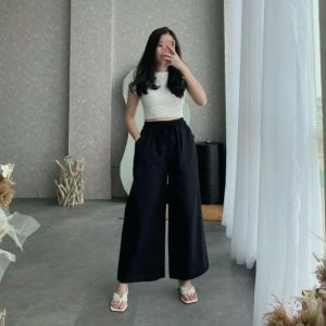 Celana Wanita Celana Bahan Krinkle Kulot wanita loose pant pinggang karet tali serut