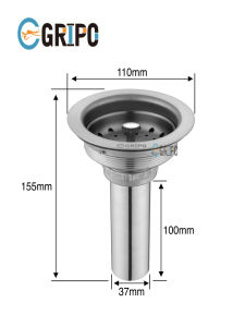 GRIPO Premium High End Stainless 4 Inch Duo Kitchen Basket Strainer With Tailpiece Stainless P Trap