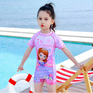 Đồ Bơi Cho Bé Gái Bộ Bơi Bé Gái Liền Thân Tặng Kèm Mũ Họa Tiết Elsa Chất Liệu Co Giãn Cho Bé Từ 9-30kg HB2305