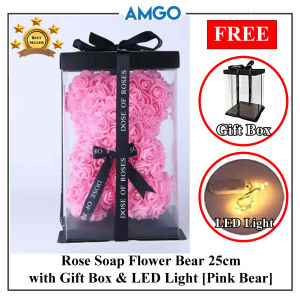 AMGO (Blue) 25cm Lovely Big Rose Soap Flower Bear With LED Light Toys Ornaments Gifts for Valentiness Day