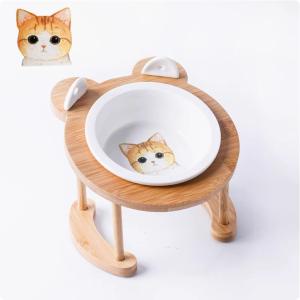 "SG SELLER" Pet Bowl Ceramic Cat Food Bowl Feeder Anti-Tip Bamboo Pet Bowl for Cats and Dogs Tilted Design for Neck Protection Water and Food Dish