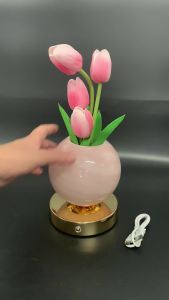 Tulip Table Lamp Rechargeable LED Night Light Cordless Dimmable Desk Lamp Artificial Flower Essential Oil Diffuser Planet Glass Vase for Bedside Living Room Decor Gifts Women Mom