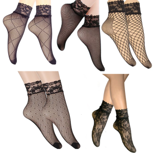 5 Pairs Breathable Nylon Lace Trim Ankle Socks Sheer Mesh Design For Women Summer Fishnet Patterned Short Socks Hosiery