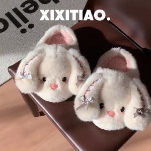 XIXITIAO Indoor Cotton Slippers Bedroom Lolita Style Warm Furry Shoes Cotton Slippers for Women Winter Cute Bunny Soft Sole Home Use
