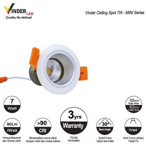 Vinder Ceiling Spot Spotlight Downlight 7 watt 7w Adjustable Inbow Mini Series / Lampu Downlight Bisa Redup Terang / Dimmable atau Non Dimmable / TRIAC atau 0-10V