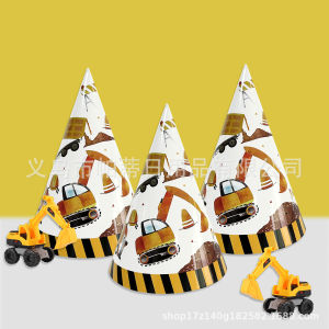 ขายร้อนข้ามพรมแดนใหม่สีเหลืองการ์ตูนรถขุดรถก่อสร้างธีมงานเลี้ยงวันเกิดหมวกก่อสร้างหมวกกระดาษ
