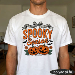 [Local Stock] HBESTY  Spooky Season Pumpkin Bow Bat Floral Halloween Men Summer Cotton T Shirt Retro Fall Holiday Graphic Short Sleeve Apparel