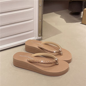 [Free Shipping] 2026 Sparkling Rhinestone Simple Outerwear Wedge Heel Summer Mid-Heel Flip-Flops For Women Non-Slip And Wear-Resistant