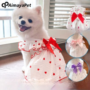 AimayaPet Pet Bow Dress Heart Printing Summer Breathable Sweet Skirt for Cat Small Dog Pet Clothes with Buckle