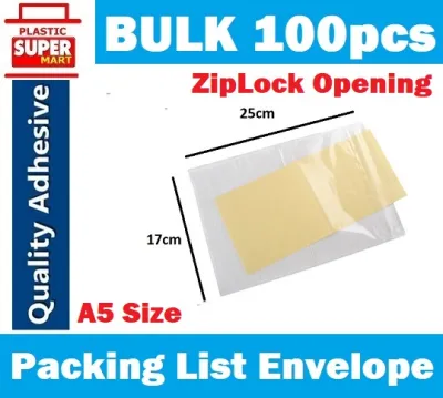 100pcs [ 17cm x 25cm ] A5 Size Zipper Resealable Zip to Seal close Plastics Clear Packing List Slip Envelope Mailing Back Adhesive Pouch Bag