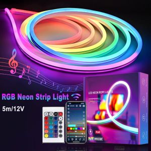 Bluetooth Smart APP Neon LED Strip Lights Silicone Neon Rope Light with Music Sync RGBIC Dreamcolor Chasing Strip Tape for Room Waterproof Home Decor Lighting