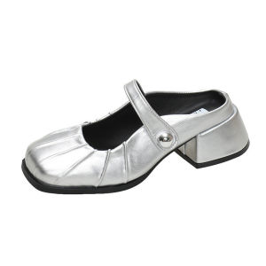 IELGY Summer Korean Version of High-heeled Pleated Mary Jane Slippers Womens Toe Back Empty Moccasins
