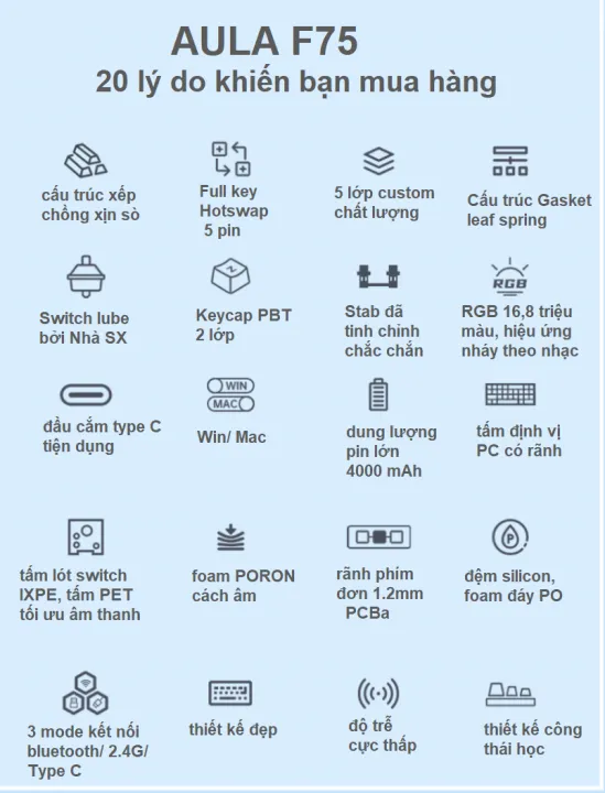 Bàn phím cơ không dây Aula F75, Hotswap 5 pin, 3 Modes, Led RGB, Gasket 5 lớp, đã custom bởi Nhà Sản Xuất | BigBuy360 - bigbuy360.vn Bàn phím cơ không dây Aula F75, Hotswap 5 pin, 3 Modes, Led RGB, Gasket 5 lớp, đã custom bởi Nhà Sản Xuất | BigBuy360 - bigbuy360.vn