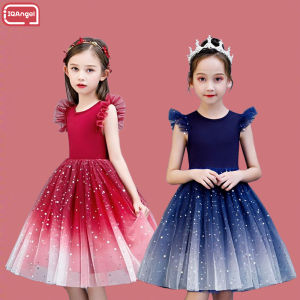 IQANGEL ชุดเดรสเด็ก ชุดเจ้าหญิง ชุดเดรสแขนสั้นผ้าโปร่งสำหรับเด็กผู้หญิงกระโปรงเด็กสไตล์ตะวันตกแต่งระบายเจ้าหญิง