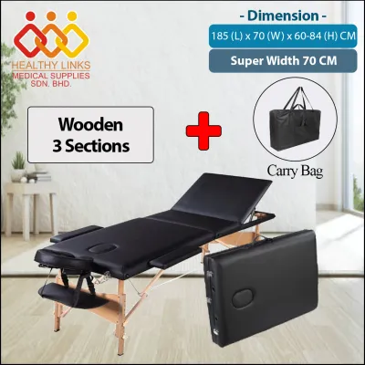 [Biggest Size Super Width] Portable Foldable Stainless Steel / Aluminium / Wooden Massage Bed (Height Adjustable) + Pillow + Carry Bag
