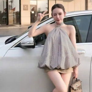 Set đồ nữ du lịch hè xinh set tiểu thư áo cổ yếm dễ thương sọc bí bồng cách điệu cà vạt hở vai phối chân váy ngắn chữ A có quần trong siêu cưng