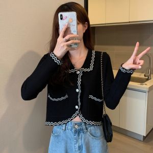 ONEFASHIONMALL Cardigan Outer Wanita Atasan Kerah Mutiara Blouse Panjang Pendek Korean Style SL004