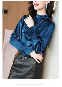 (Cle) Alisa.Sonya Spring New Imitated Silk Shirt Women Flare Long Sleeve Flounced Scoop Collar Loose Slim Casual Satin Blouse Tops