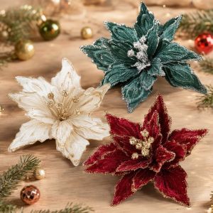 Artificial Glitter Poinsettia Christmas Flowers Xmas Tree Ornaments Wreath Holiday Party Decor
