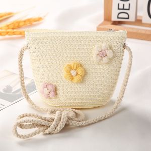 Cute Childrens Straw Shoulder Bags Flower Baby Girls Small Bucket Crossbody Mini Coin Purse Bag