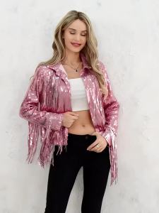 แจ็คเก็ตบอมเบอร์เต้นรำผู้หญิงประดับเลื่อมและชายครุย ฤดูใบไม้ร่วง สีเงินทอง แจ็คเก็ตคาร์ดิแกนที่มีพู่เงา สไตล์ฮิปปี้ยุค 70 เสื้อโค้ทที่แวววาว