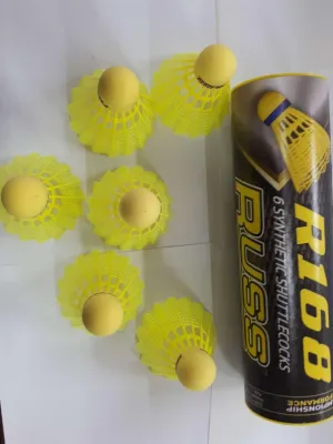 Russ Nylon badminton shuttlecock yellow or Echelon yellow shuttlecock.ECHELON and RUSS are made by the same factory in England and are exactly the same quality.