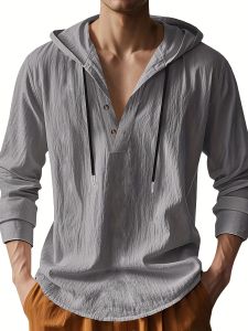 Mens Lightweight Linen Hooded Henley Shirt Casual Long Sleeve Button-Up Drawstring Solid Color