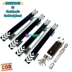 Paket fullset lock body kunci dan 4 buah gagang tarikan handle pintu rumah pilihan panjang 33cm 45cm dan 60cm untuk pintu depan model kupu tarung daun 2.