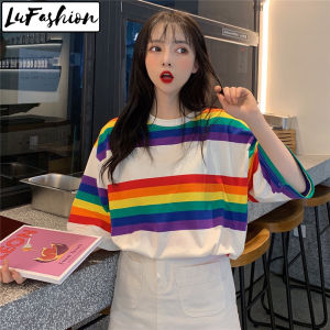 LuFashion Womens T-Shirts Tops Cotton Rainbow Loose Short Sleeve O-Neck Casual Fashion
