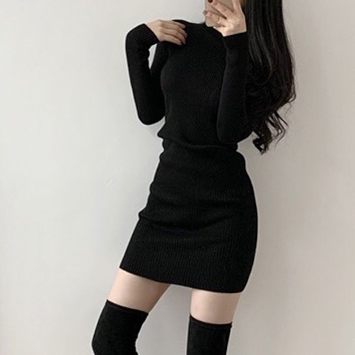 Váy đầm len màu đen váy đầm ôm xẻ trước GLV161