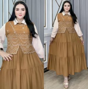 Midi Dress Wanita – Pakaian Rompi Bordir Orliva 0206 3761 Rayon Twill Busui Kancing Aktif Lengan Panjang Karet Kra Tali Pinggang Depan Rempel Mayung Tampilan Anggun Untuk Aktivitas Harian