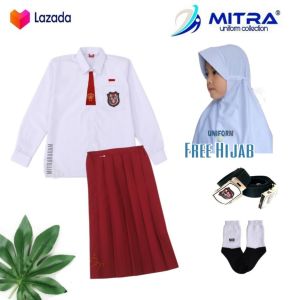 Seragam Merah Putih SD Setelan Anak Perempuan Panjang 7-12 Tahun Free Jilbab Putih Anak Perempuan
