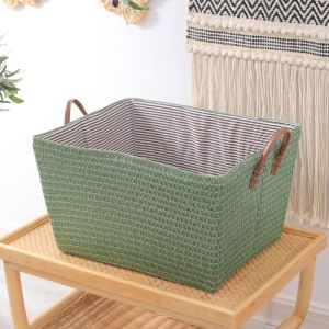 JAYNEBIO Straw Foldable Storage Box Rattan Frame with Handle Clothes Basket High Quality Moisture-proof Snack Container Bathroom