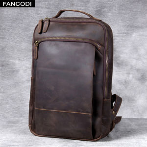 FANCODI Retro kulit asli beg galas Crazy Horse kulit lembu 15 inci Laptop Backpack Leisure Travel Bag kapasiti besar M804