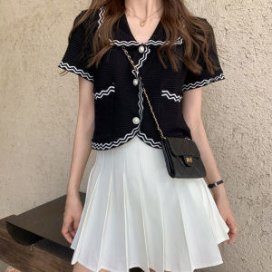 Korean Fashion Short Cardigans for Women Silk Knit Retro Short Sleeve Button through Collar Office Wear Summer Spring
