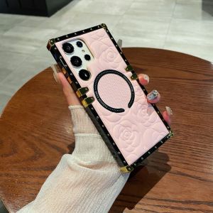 CrashStar MagSafe Square Straight Edge Embossed Flower Leather Phone Case For Samsung Galaxy Note 20 Ultra S25 S24 S23 S22 Ultra Plus + S21 FE A15 A54 A34 A14 5G A52 A12 Note 10 Pro A16 A06 A55 A35 A15 A05S Wireless Charging Phone Casing Cover